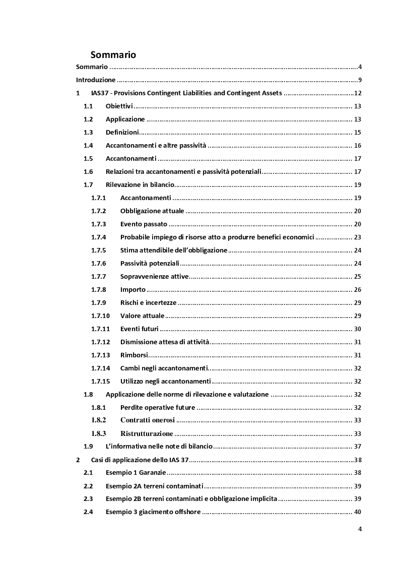 Indice della tesi: IAS37 e comportamenti aziendali da adottare in caso di avvenimento di eventi non previsti, Pagina 1