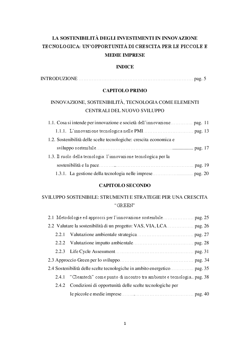 Indice della tesi: La sostenibilità degli investimenti in innovazione tecnologica: un'opportunità di crescita per le piccole e medie imprese, Pagina 1