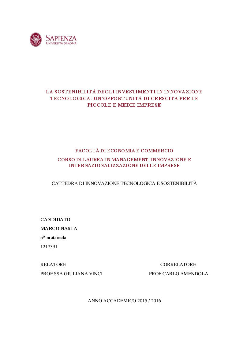 Anteprima della tesi: La sostenibilità degli investimenti in innovazione tecnologica: un'opportunità di crescita per le piccole e medie imprese, Pagina 1