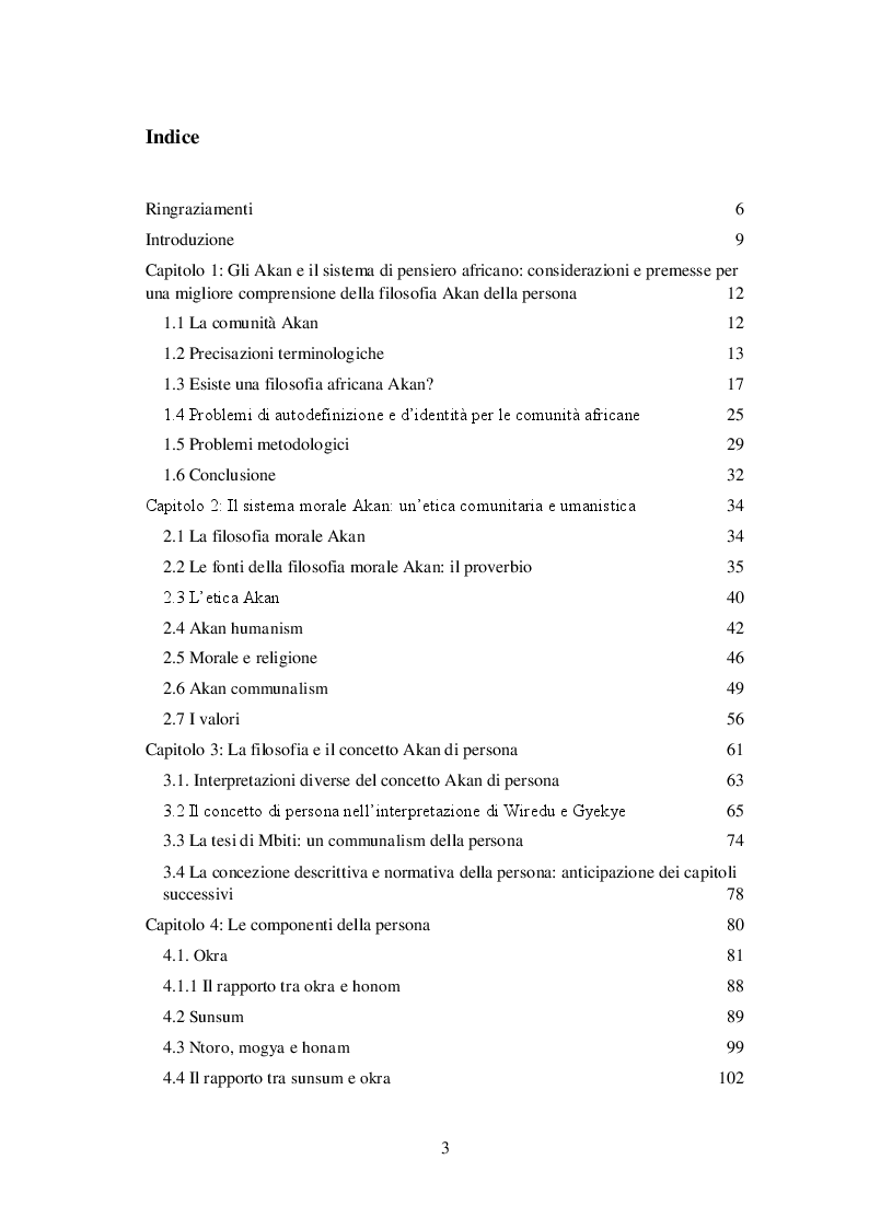 Indice della tesi: La filosofia Akan della persona, Pagina 1
