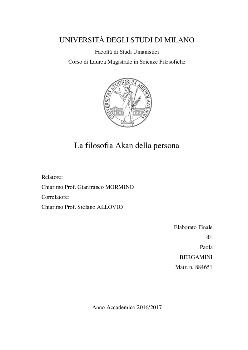 Anteprima della tesi: La filosofia Akan della persona, Pagina 1