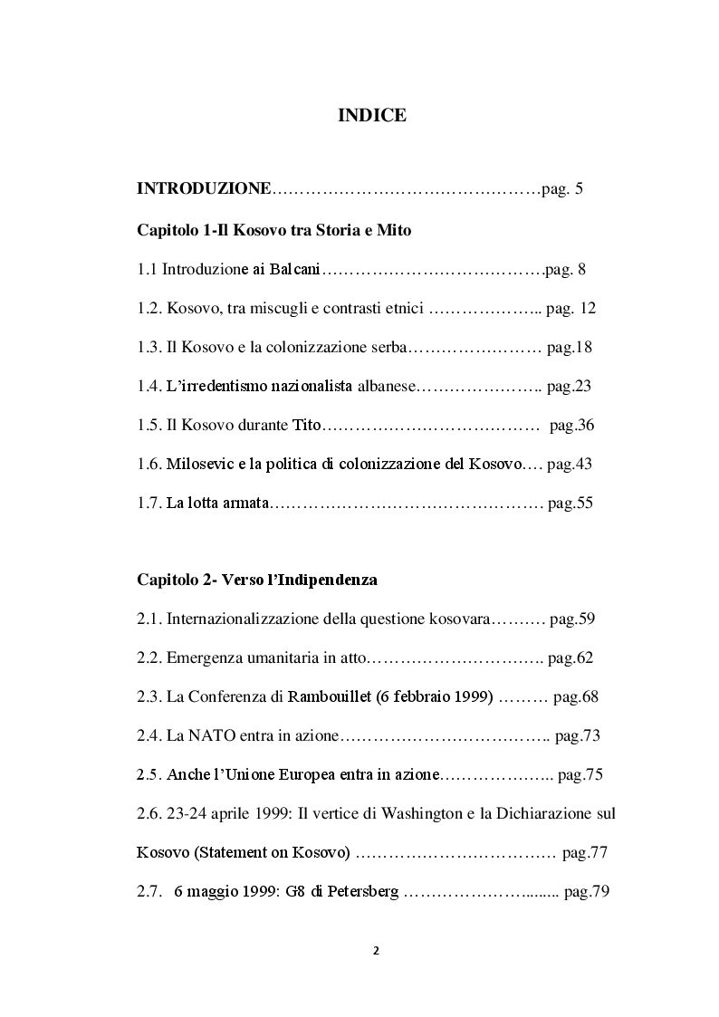 Indice della tesi: Il Processo di State Bulding del Kosovo e la sua possibile integrazione nell'Unione Europea, Pagina 1