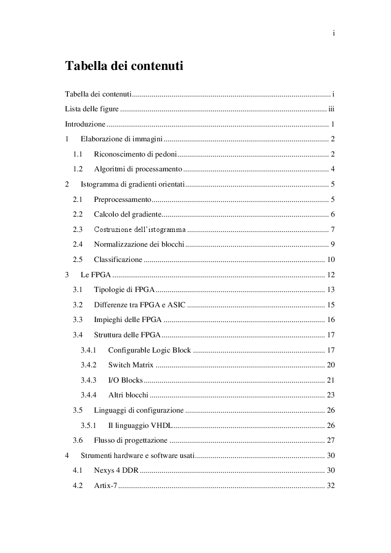 Indice della tesi: Circuito per il calcolo dell'istogramma di gradienti orientati su FPGA, Pagina 1