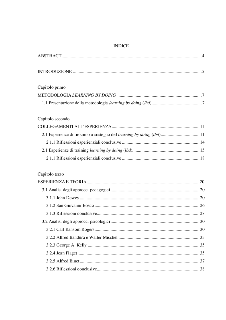 Indice della tesi: Learning By Doing. Approcci psicologici sottostanti la metodologia, Pagina 1