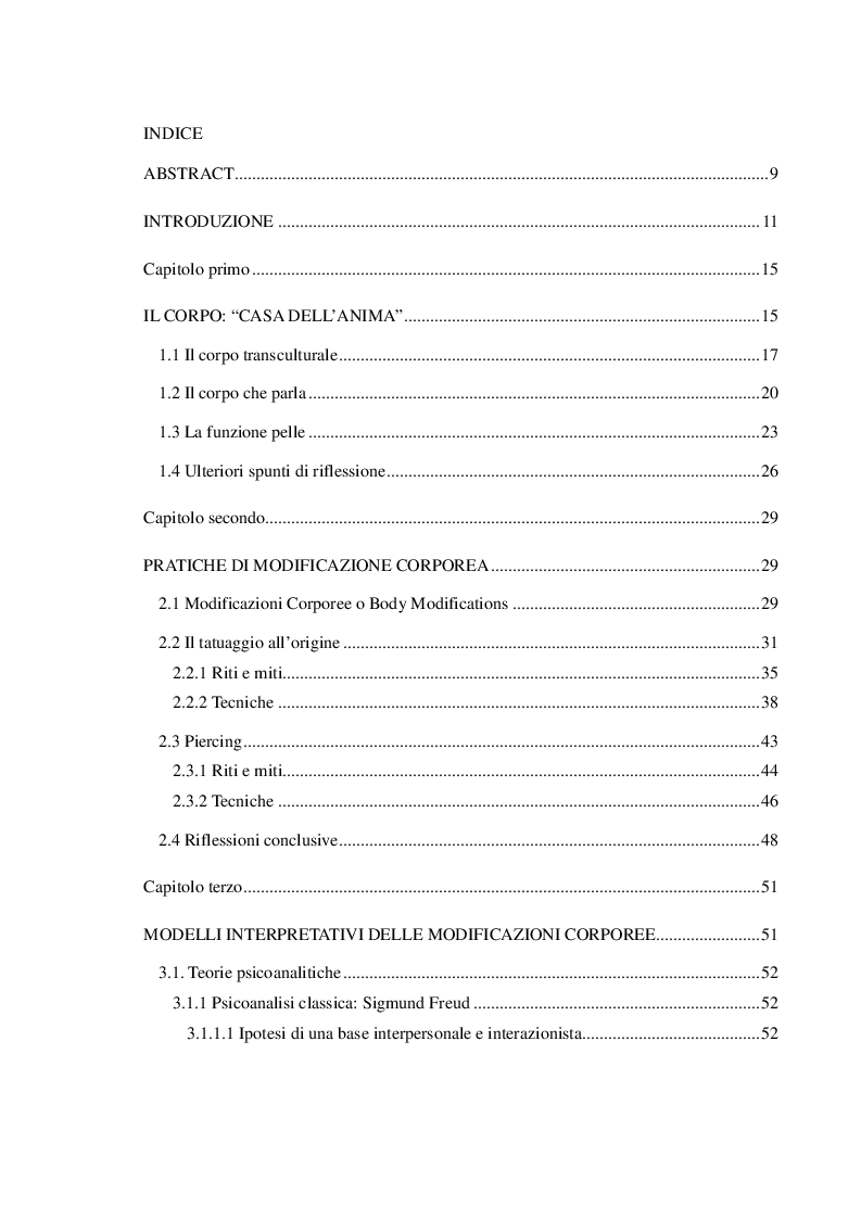 Indice della tesi: Modificazioni corporee: una questione transculturale. Strategie di prevenzione e di educazione per la promozione del benessere e della salute nei giovani, Pagina 1