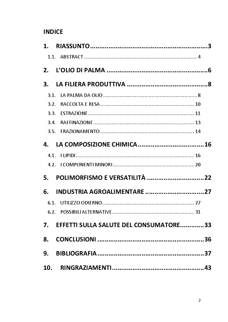 Indice della tesi: L'olio di palma nell'industria agroalimentare, Pagina 1