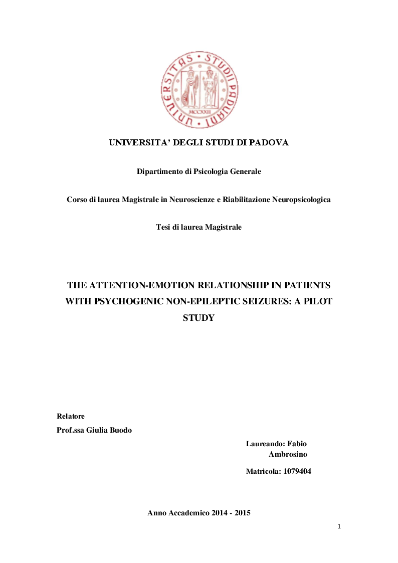 Anteprima della tesi: The attention-emotion relationship in patients with psychogenic non-epileptic seizures: a pilot study, Pagina 1