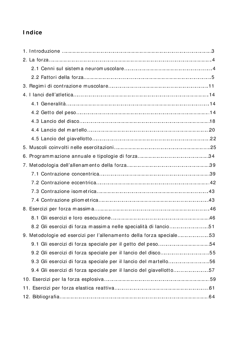 Indice della tesi: L'allenamento della forza nei lanci dell'atletica leggera, Pagina 1