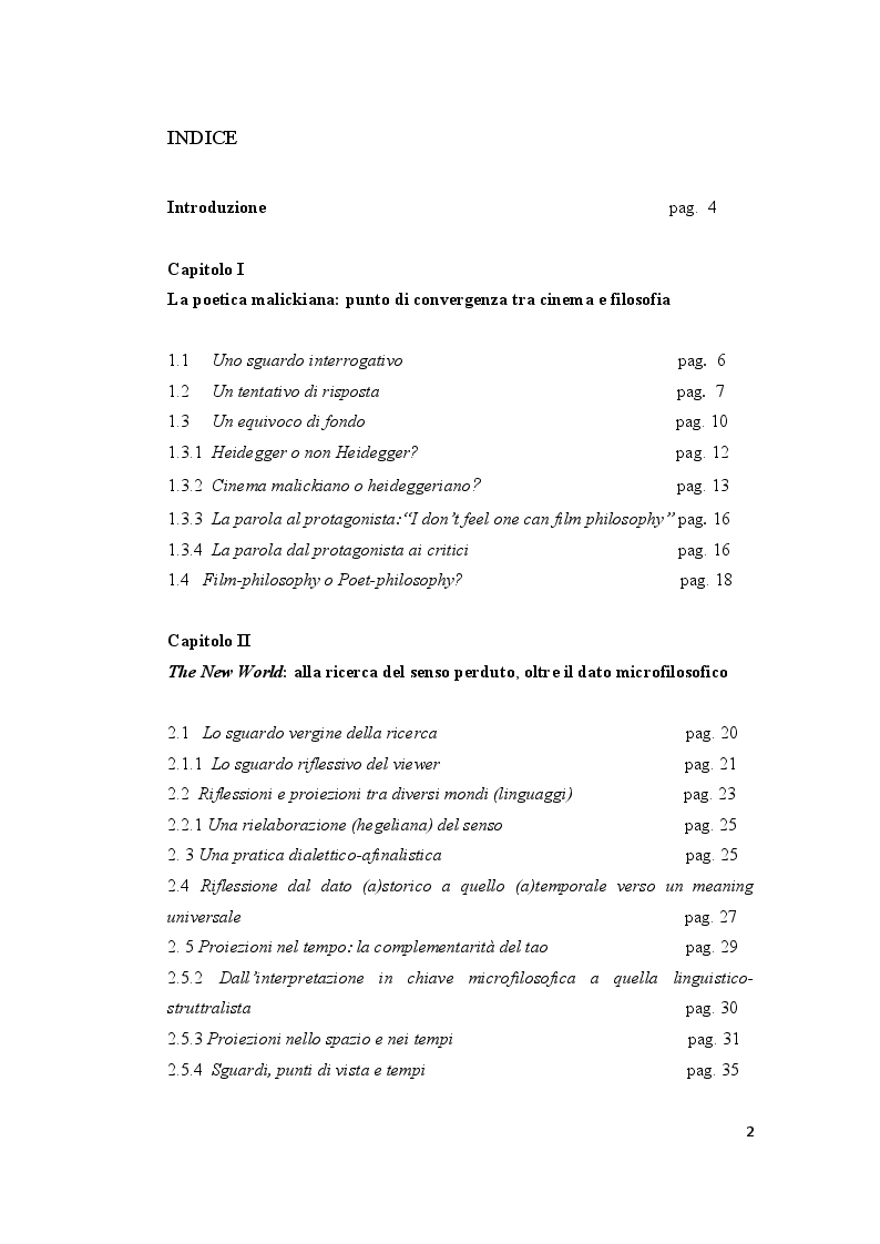 Indice della tesi: Riflessioni e proiezioni intorno al "secondo periodo" della poetica malickiana attraverso "The New World", Pagina 1