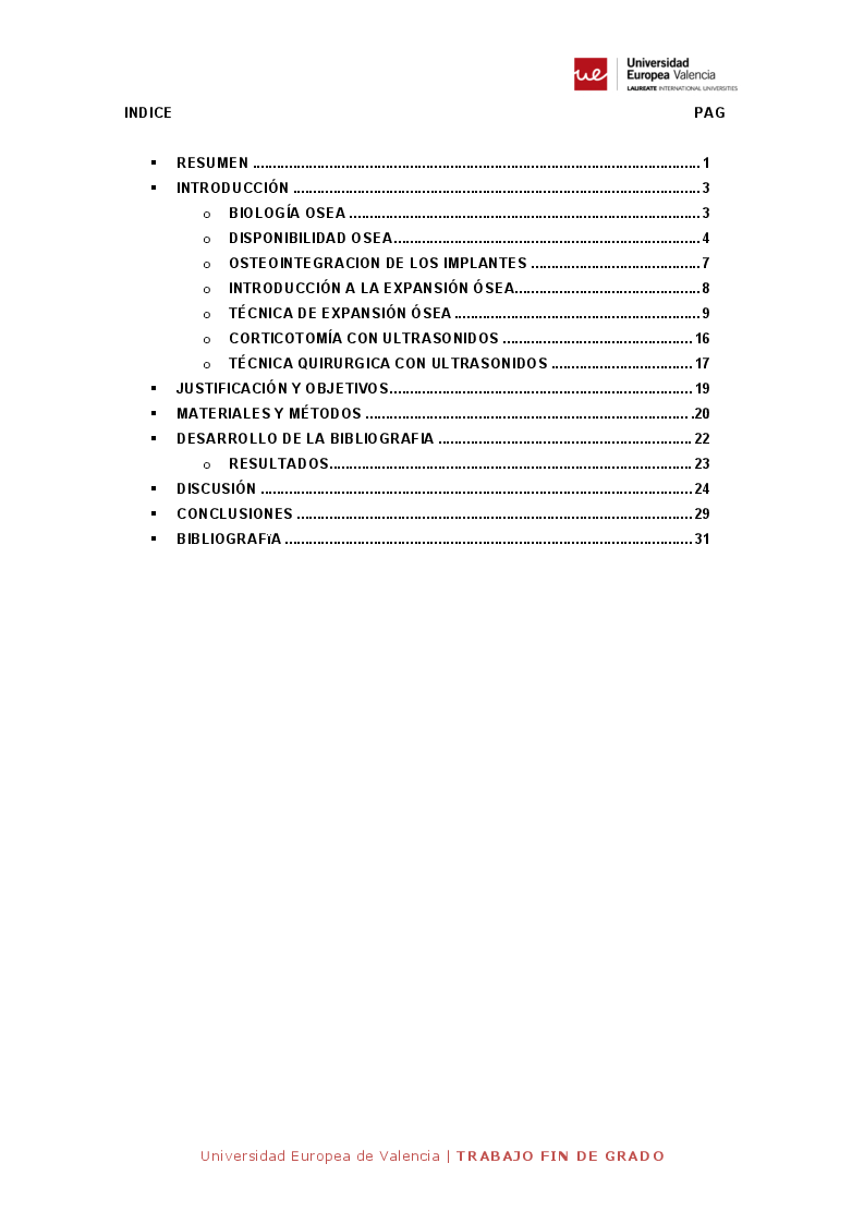 Indice della tesi: Corticotomía ultrasónica y colocación inmediata de implantes en la expansión de la cresta alveolar mandibular. Revisión de la literatura, Pagina 1