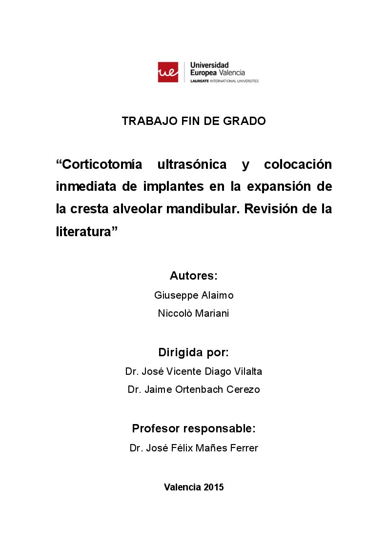 Anteprima della tesi: Corticotomía ultrasónica y colocación inmediata de implantes en la expansión de la cresta alveolar mandibular. Revisión de la literatura, Pagina 1