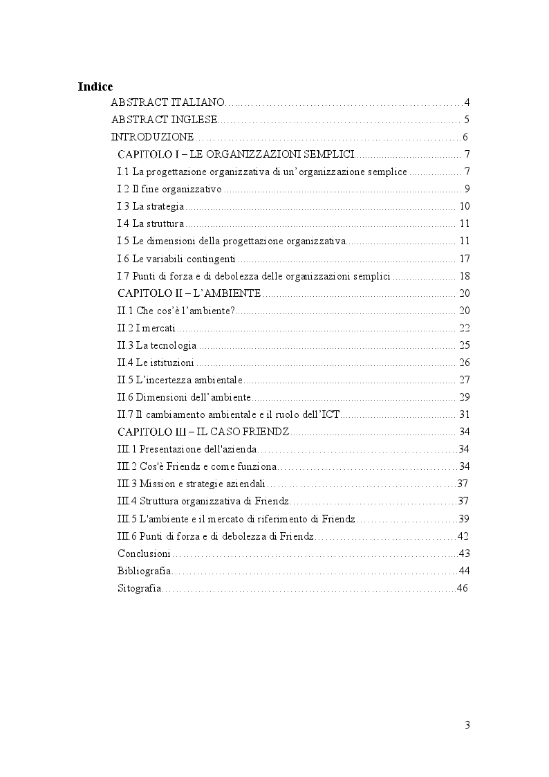 Indice della tesi: La progettazione organizzativa di una Startup innovativa: Il caso Friendz, Pagina 1