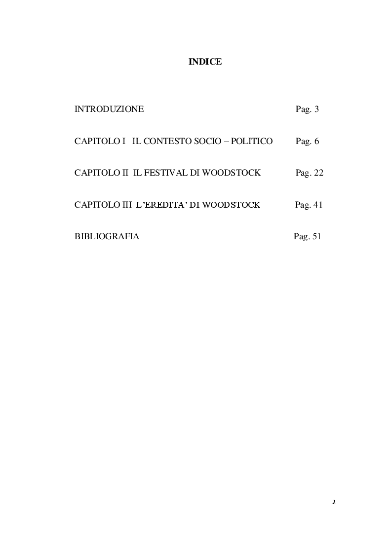 Indice della tesi: L'impatto socio - culturale di Woodstock, Pagina 1