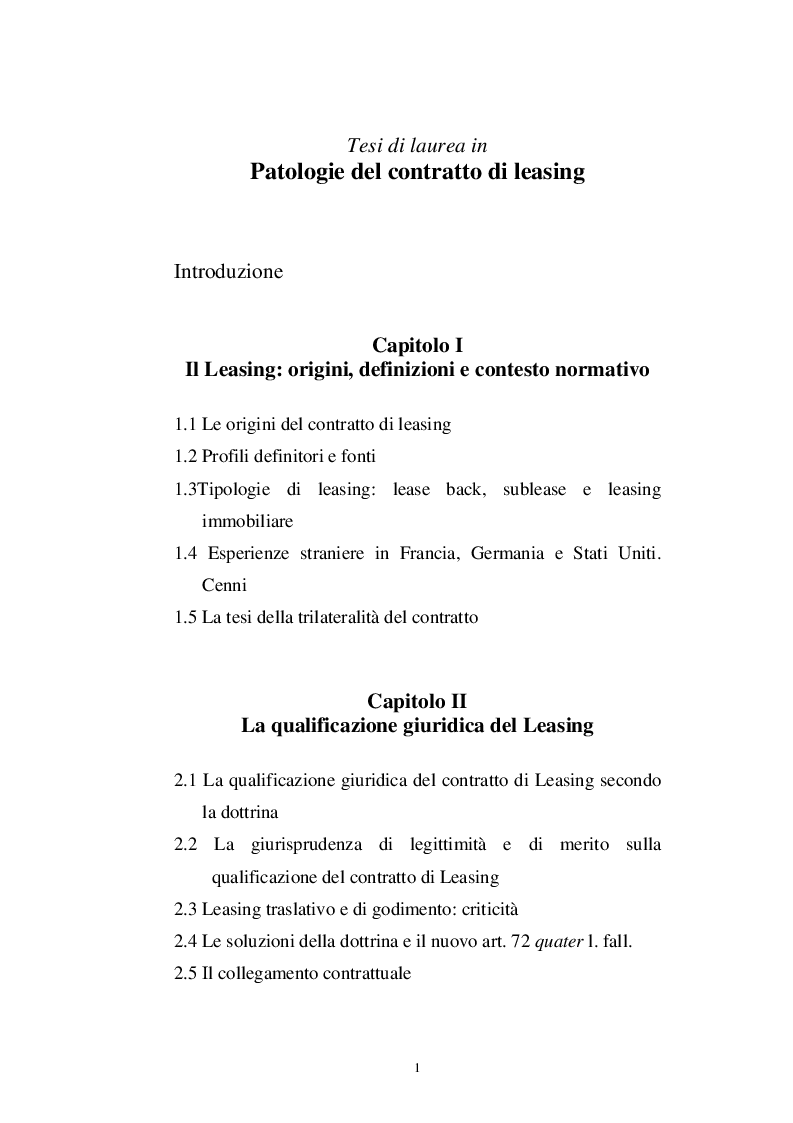 Indice della tesi: Patologie del contratto di Leasing, Pagina 1