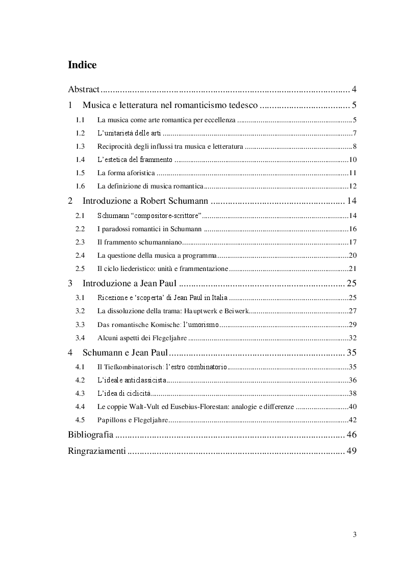 Indice della tesi: Schumann e Jean Paul: il paradosso romantico, Pagina 1