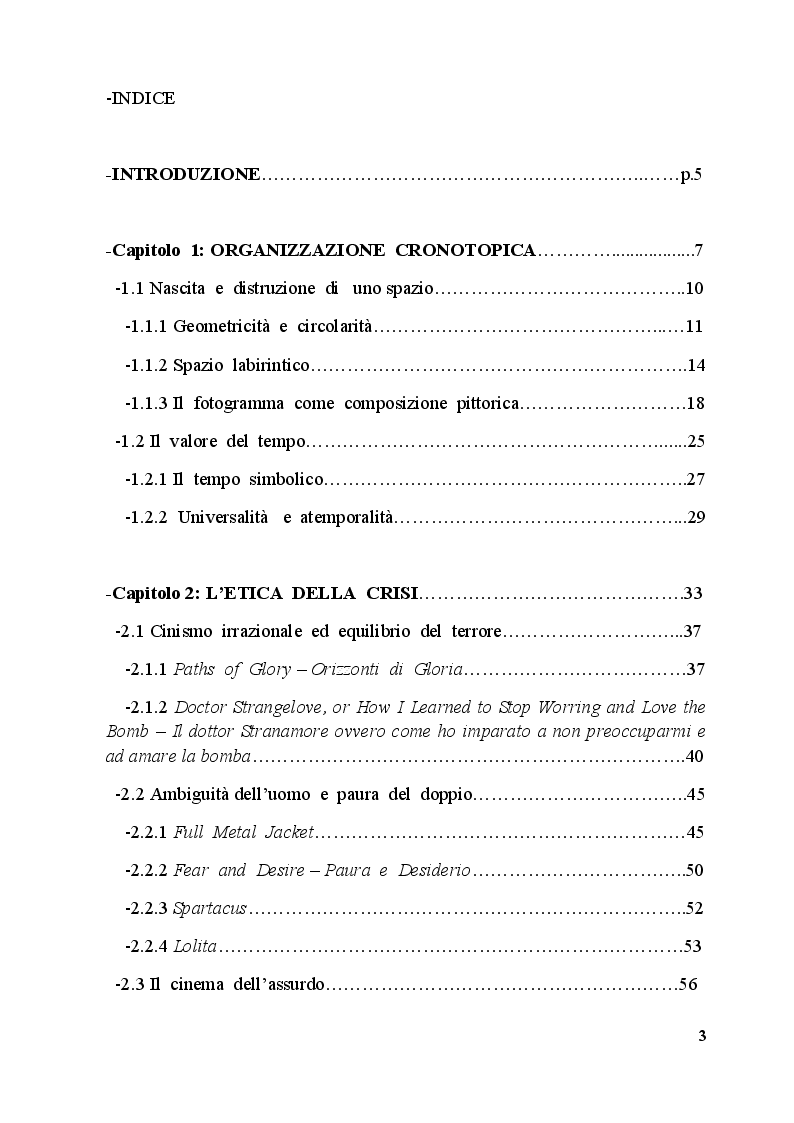 Indice della tesi: Gli orizzonti della ragione: Logos e Caos nel cinema visionario di Stanley Kubrick, Pagina 1