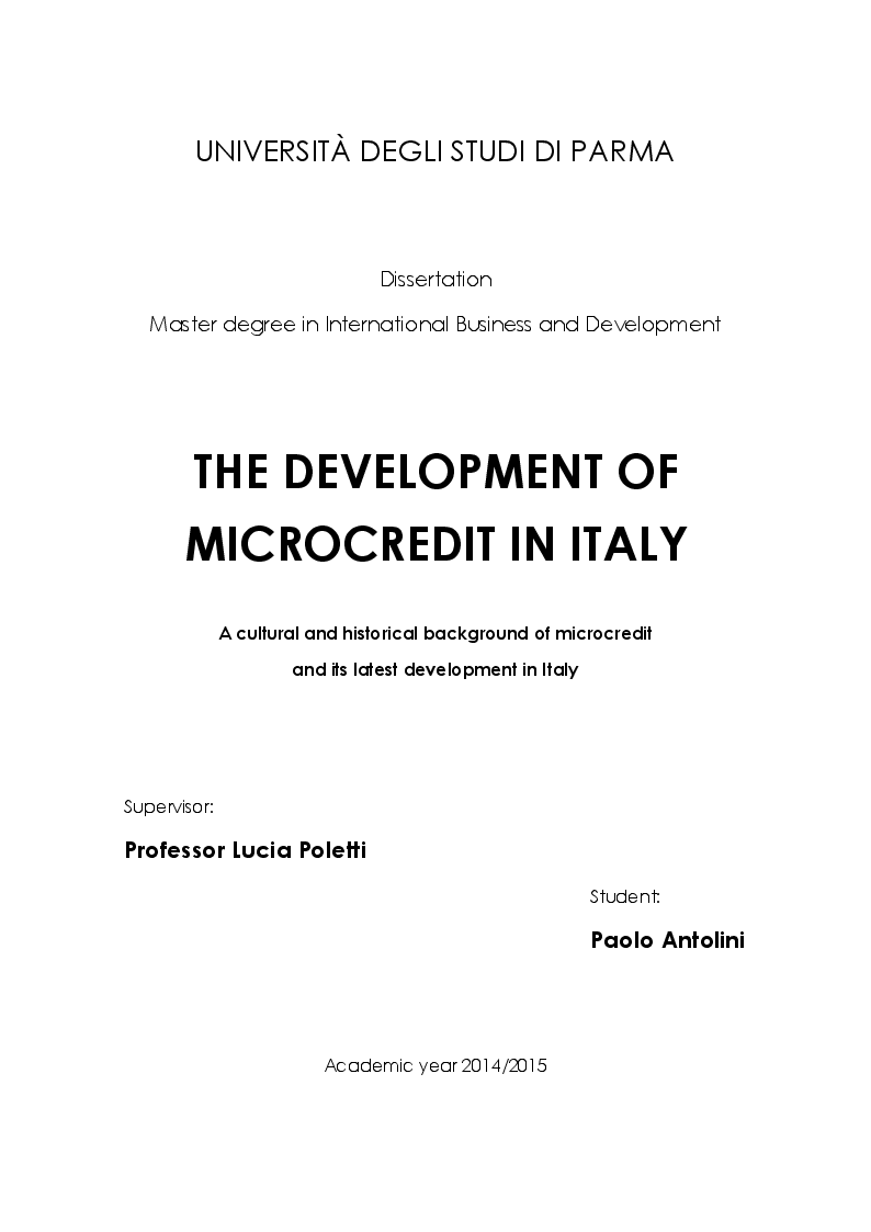 Anteprima della tesi: The development of Microcredit in Italy, Pagina 1