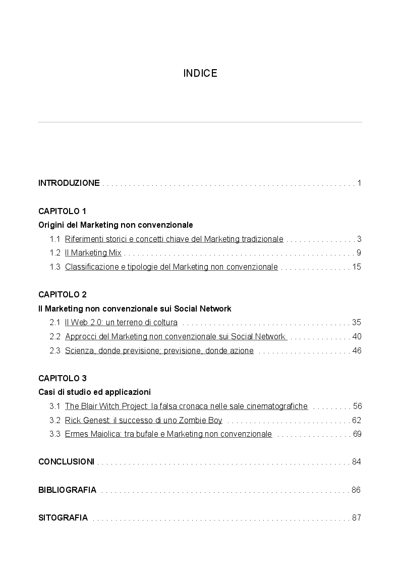 Indice della tesi: Marketing non convenzionale - Riflessi sui Social Network, Pagina 1