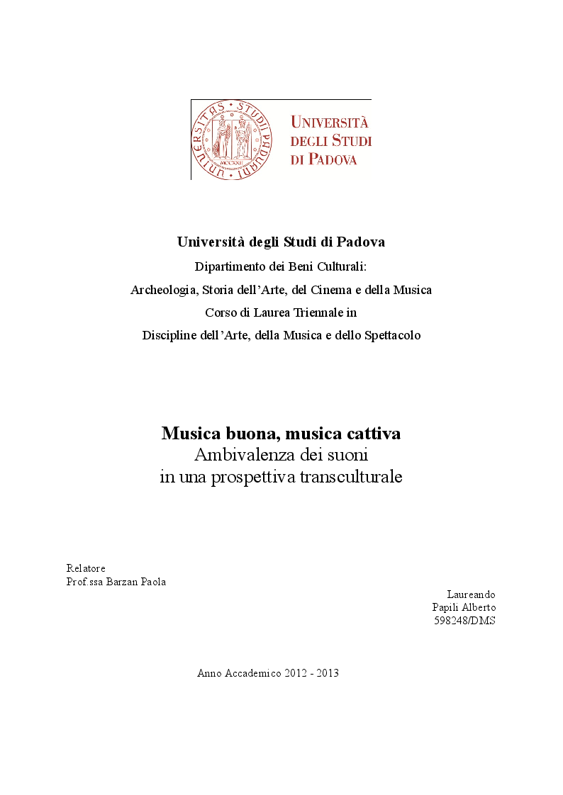 Anteprima della tesi: Musica buona, musica cattiva. Ambivalenza dei suoni in una prospettiva transculturale, Pagina 1