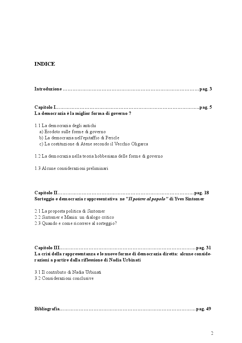 Indice della tesi: Democrazia e sorteggio. Le tesi di Yves Sintomer, Pagina 1