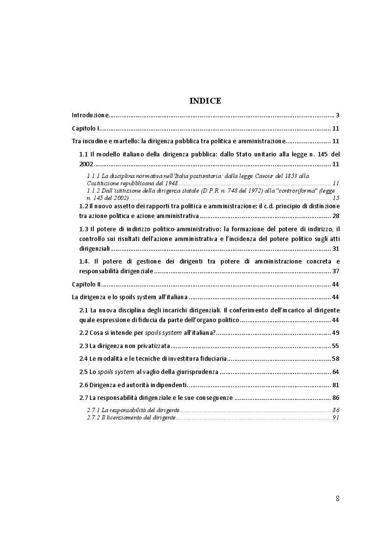 Indice della tesi: La dirigenza pubblica tra politica e amministrazione, Pagina 1