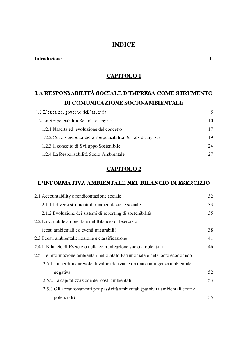 Indice della tesi: La rappresentazione delle informazioni socio-ambientali nel Bilancio di Esercizio: il caso Enel SpA, Pagina 1
