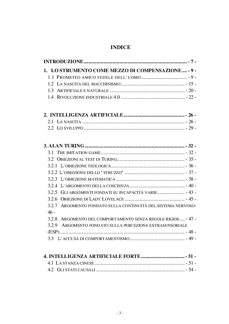 Indice della tesi: Il test di Turing e il problema della coscienza in Searle e Dennett, Pagina 1