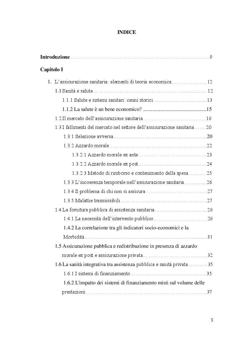 Indice della tesi: Assicurazioni sanitarie e sanità integrativa. Scenario attuale e prospettive di sviluppo., Pagina 1