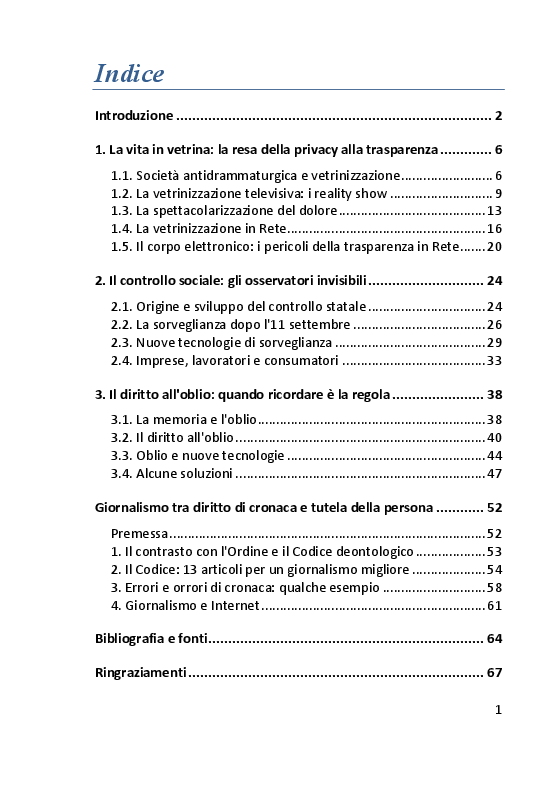 Indice della tesi: La privacy fra vetrinizzazione e diritto all'oblio., Pagina 1