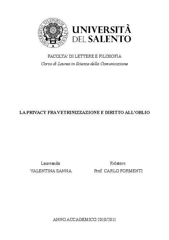Anteprima della tesi: La privacy fra vetrinizzazione e diritto all'oblio., Pagina 1