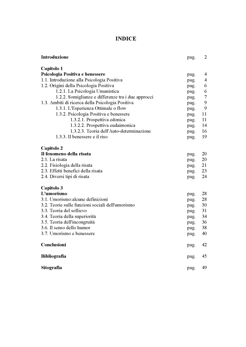 Indice della tesi: Umorismo e Benessere Psicologico, Pagina 1