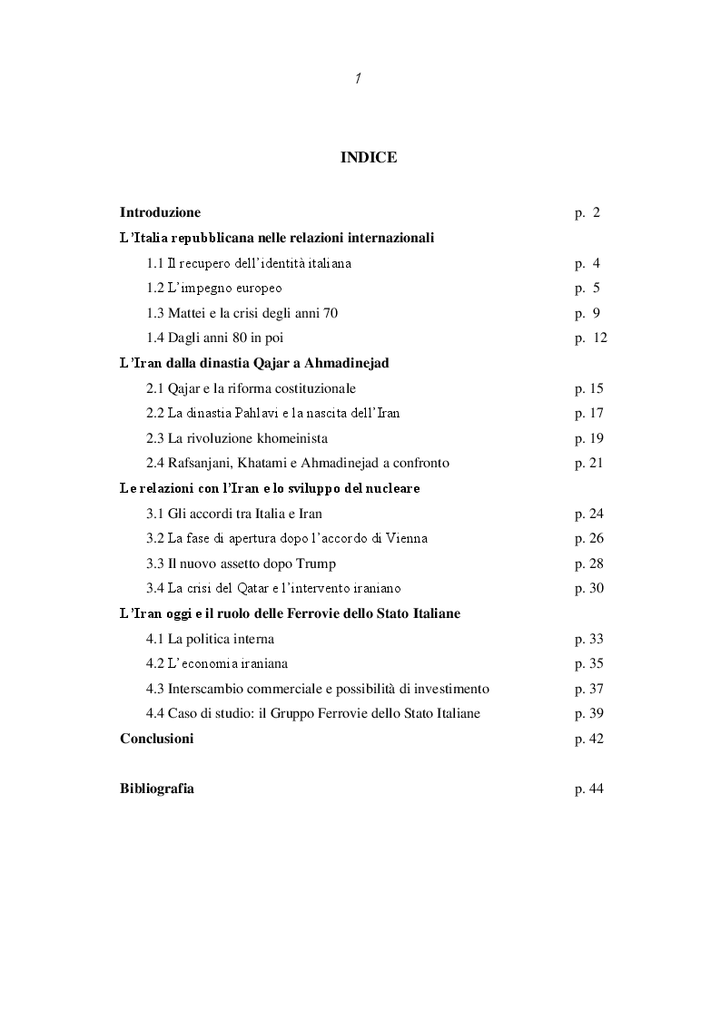 Indice della tesi: L'Italia repubblicana e le relazioni politiche e commerciali con l'Iran (1950-2016), Pagina 1