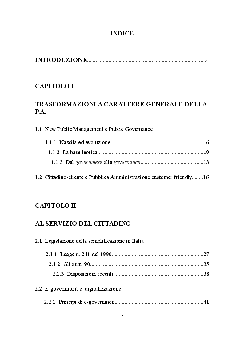 Indice della tesi: La Pubblica Amministrazione al servizio del cittadino: oltre la retorica, Pagina 1