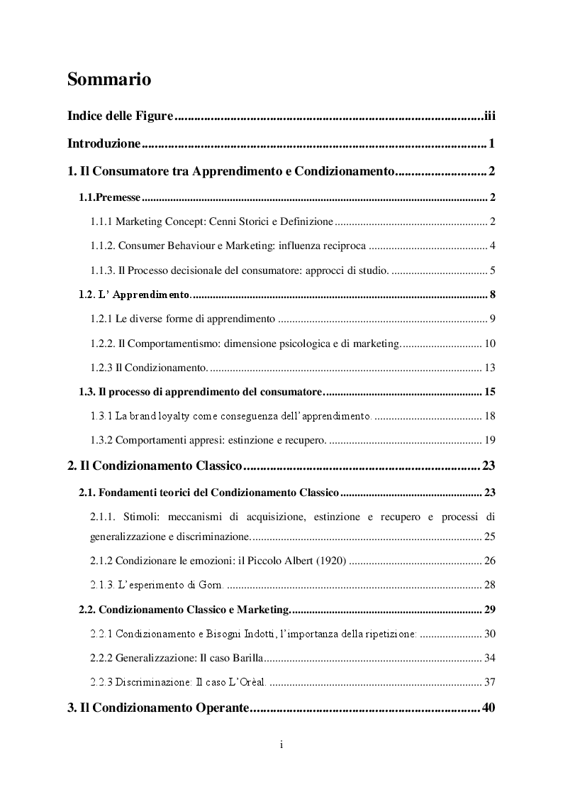 Indice della tesi: Consumer Behaviour: dall'Apprendimento al Marketing Concept, l’influenza del condizionamento classico e operante, Pagina 1