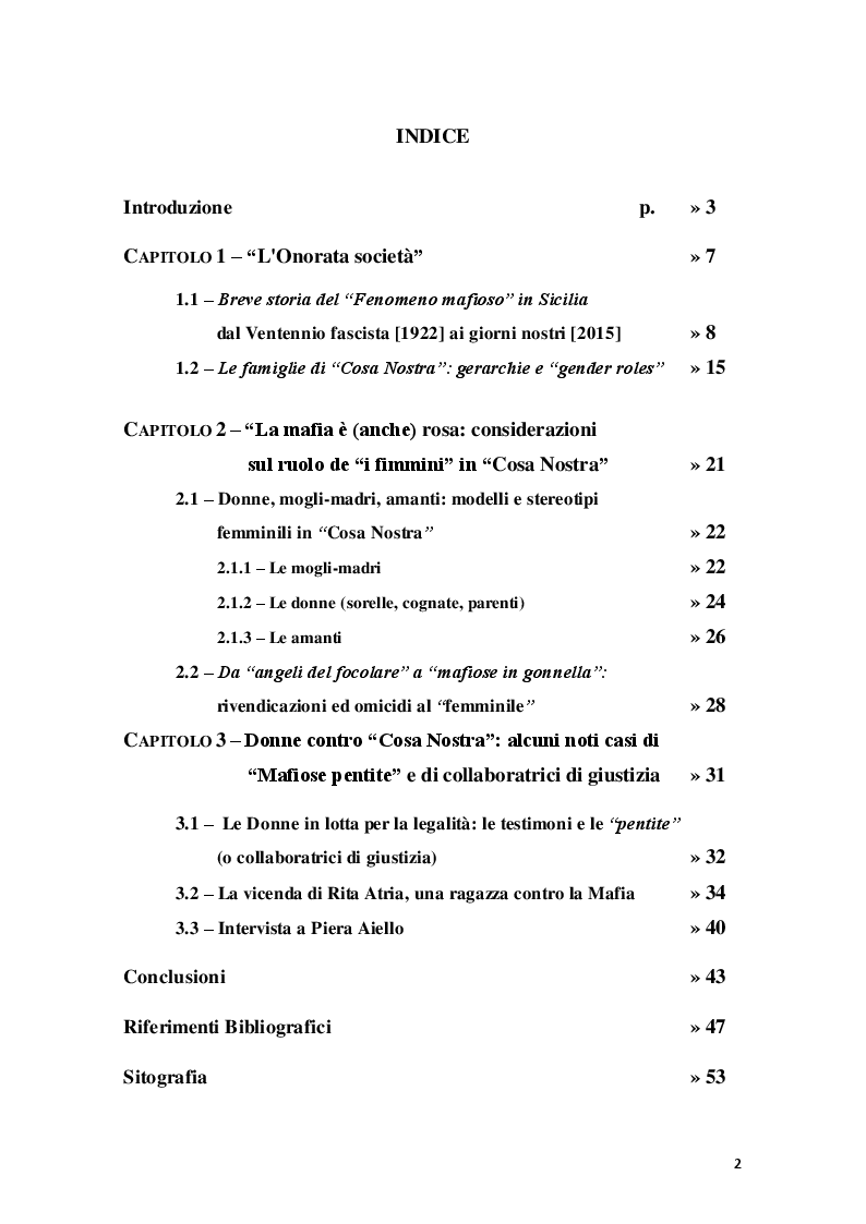 Indice della tesi: Le donne nella rete di ''Cosa Nostra''., Pagina 1
