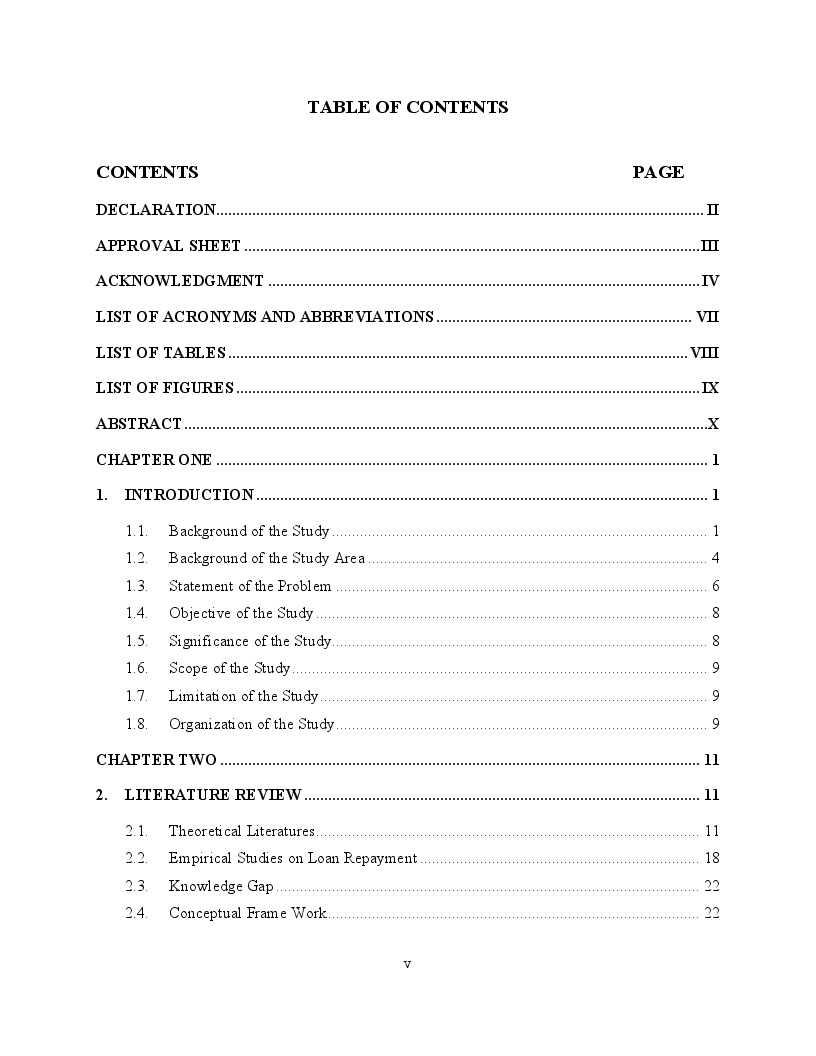 Indice della tesi: Determinants of Loan Repayment of Micro and Small Enterprises in Jimma Town, Ethiopia, Pagina 1