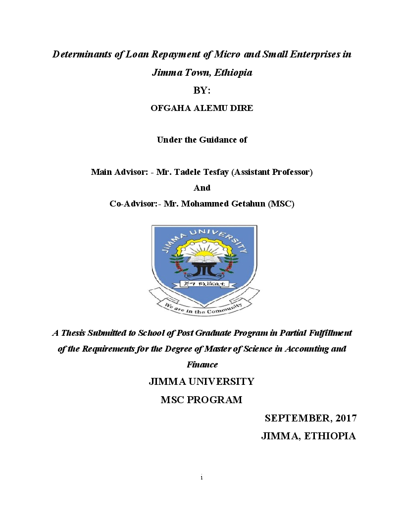 Anteprima della tesi: Determinants of Loan Repayment of Micro and Small Enterprises in Jimma Town, Ethiopia, Pagina 1