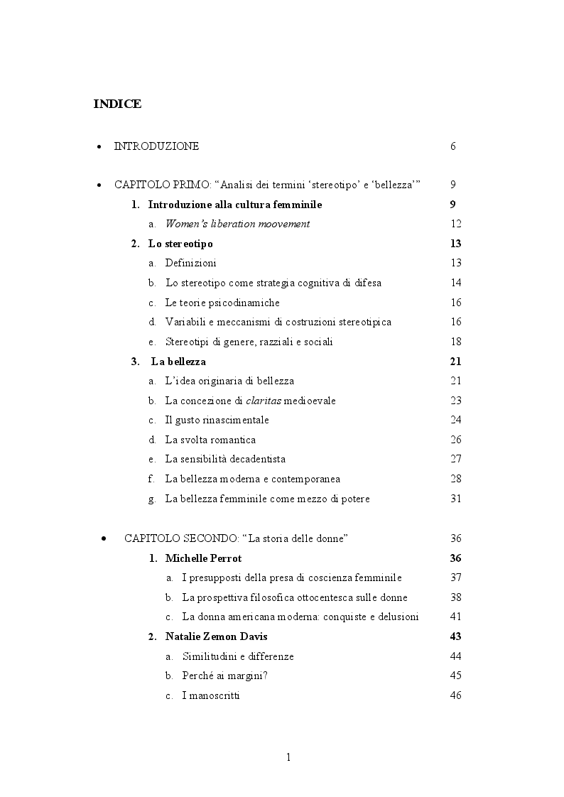 Indice della tesi: Stereotipi di bellezza al femminile: un'approssimazione attraverso due lungometraggi del mondo italiano e angloamericano, Pagina 1
