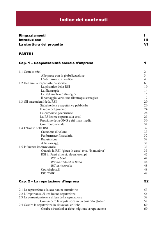 Indice della tesi: Comunicare la responsabilità sociale - Il case Nestlé in Australia, Pagina 1