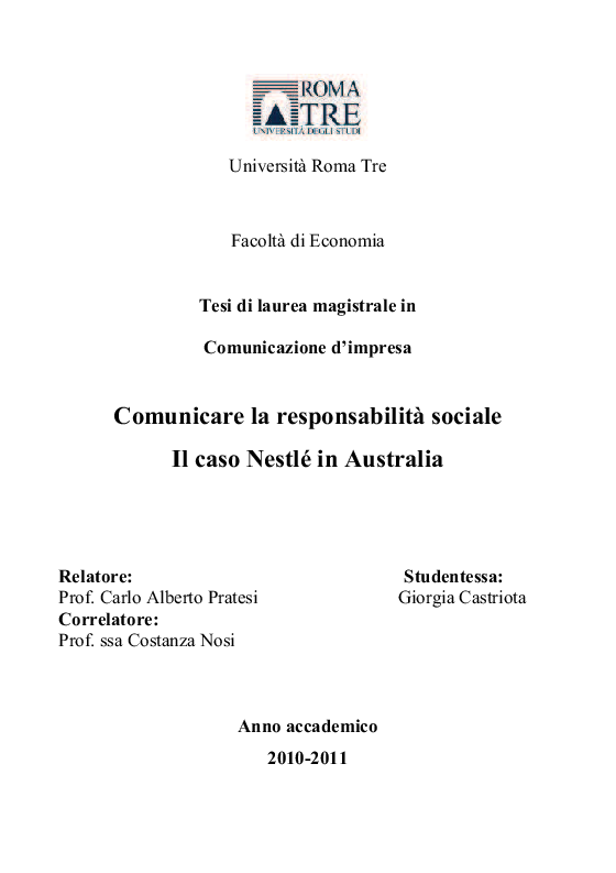 Anteprima della tesi: Comunicare la responsabilità sociale - Il case Nestlé in Australia, Pagina 1