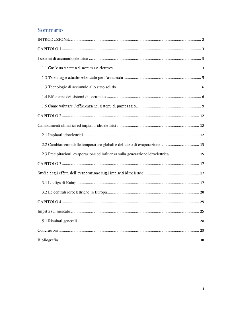 Indice della tesi: Incidenza dei cambiamenti climatici sui sistemi di accumulo. Focus - impianti di pompaggio e idroelettrico, Pagina 1