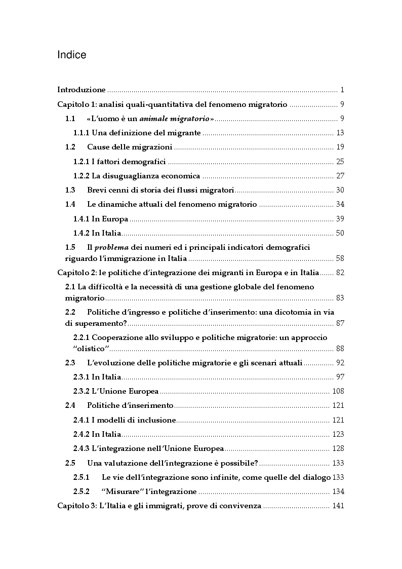 Indice della tesi: Le politiche locali d’integrazione verso gli immigrati. Il caso della provincia di Pesaro Urbino ed il ruolo del terzo settore, Pagina 1