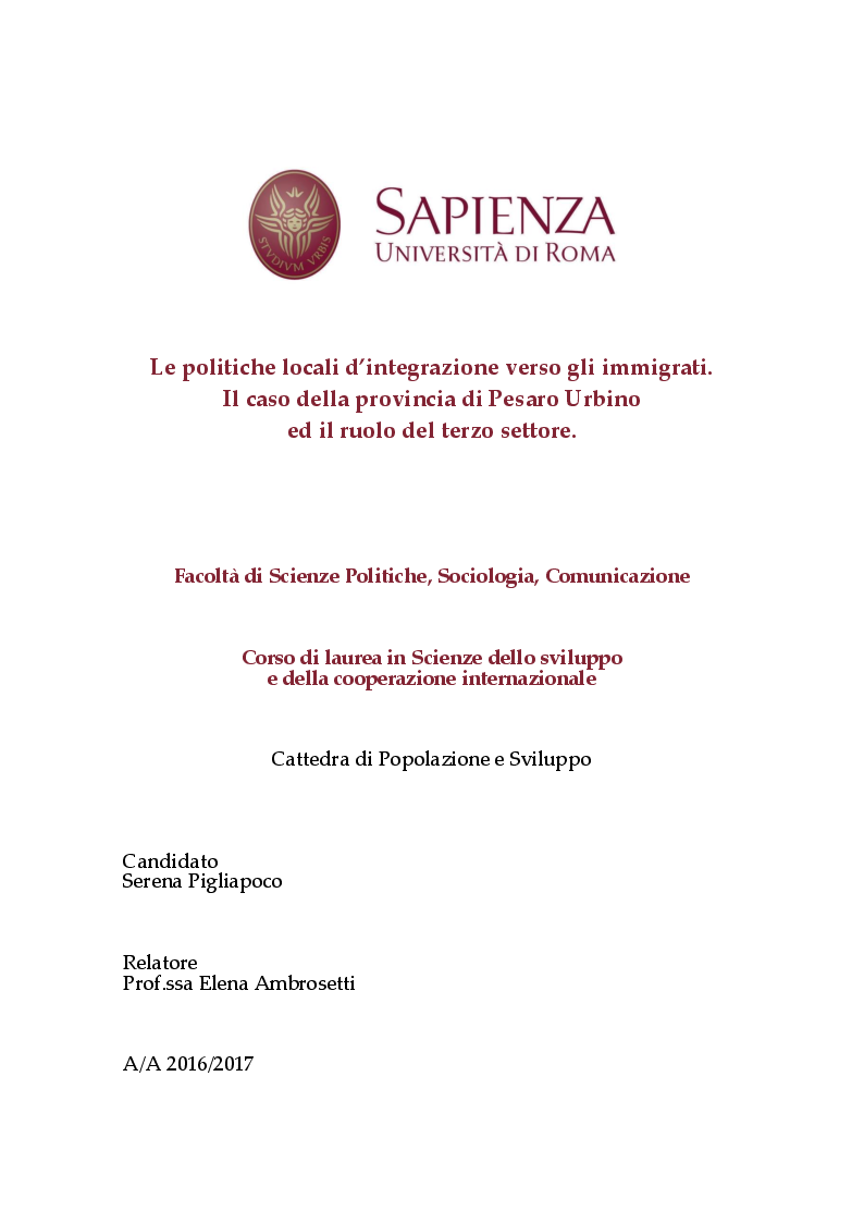 Anteprima della tesi: Le politiche locali d’integrazione verso gli immigrati. Il caso della provincia di Pesaro Urbino ed il ruolo del terzo settore, Pagina 1