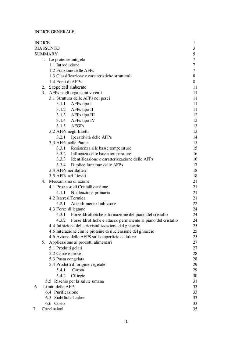 Indice della tesi: Proteine antigelo: caratteristiche, funzioni e applicazione alla tecnologia alimentare, Pagina 1