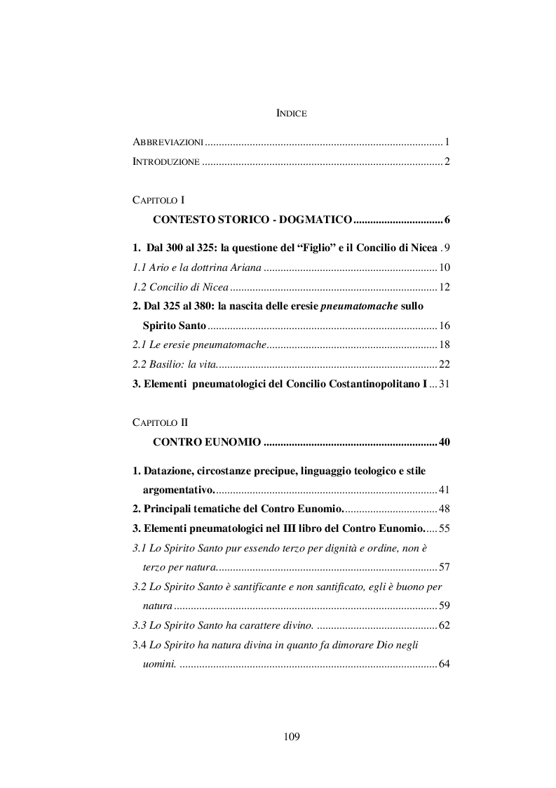 Indice della tesi: Elementi Pneumatologici nel Contra Eunomium e nel De Spiritu Sancto di S. Basilio di Cesarea, Pagina 1