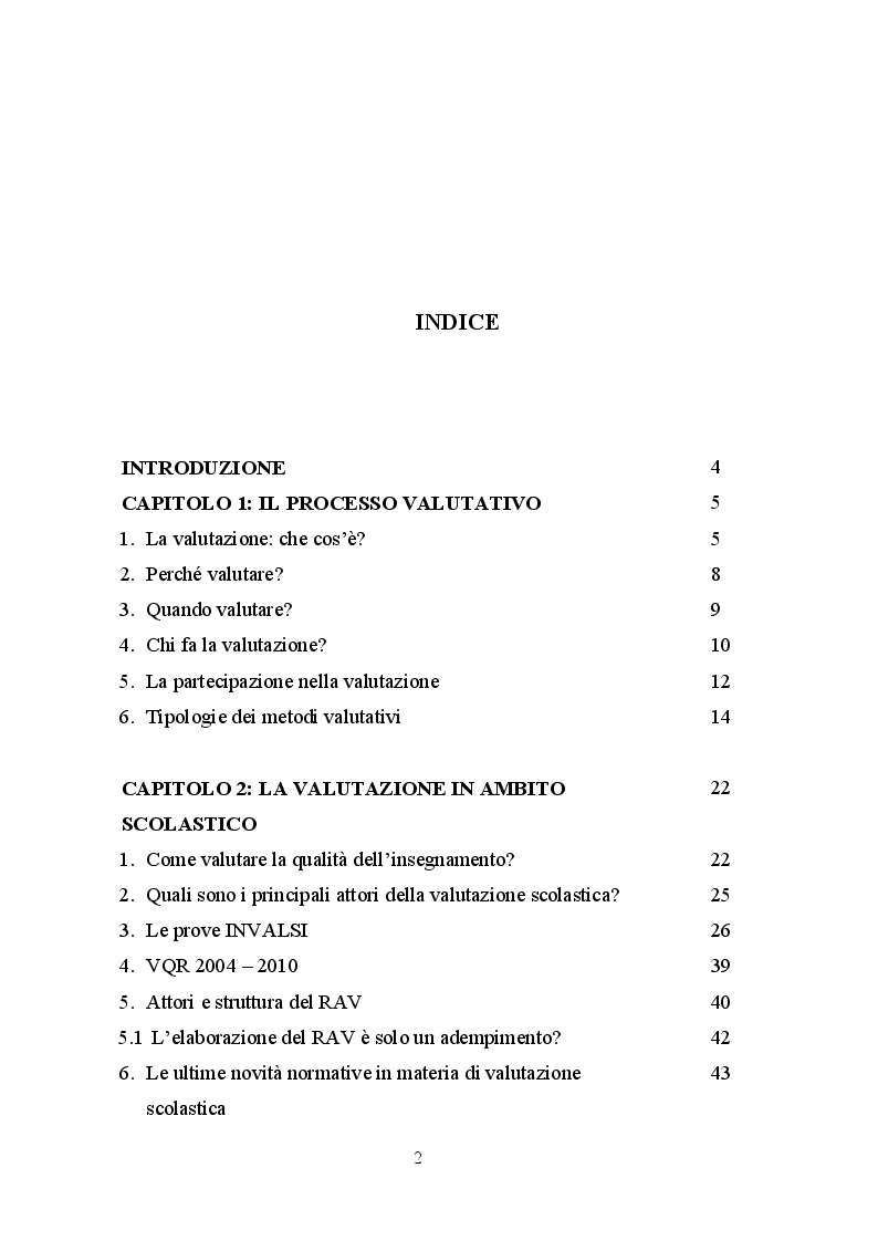 Indice della tesi: La valutazione, Pagina 1