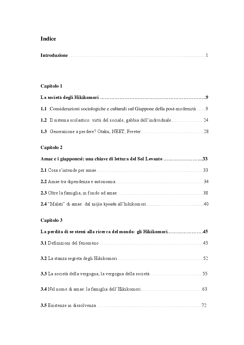 Indice della tesi: Una moltitudine sola. Il fenomeno Hikikmori, Pagina 1