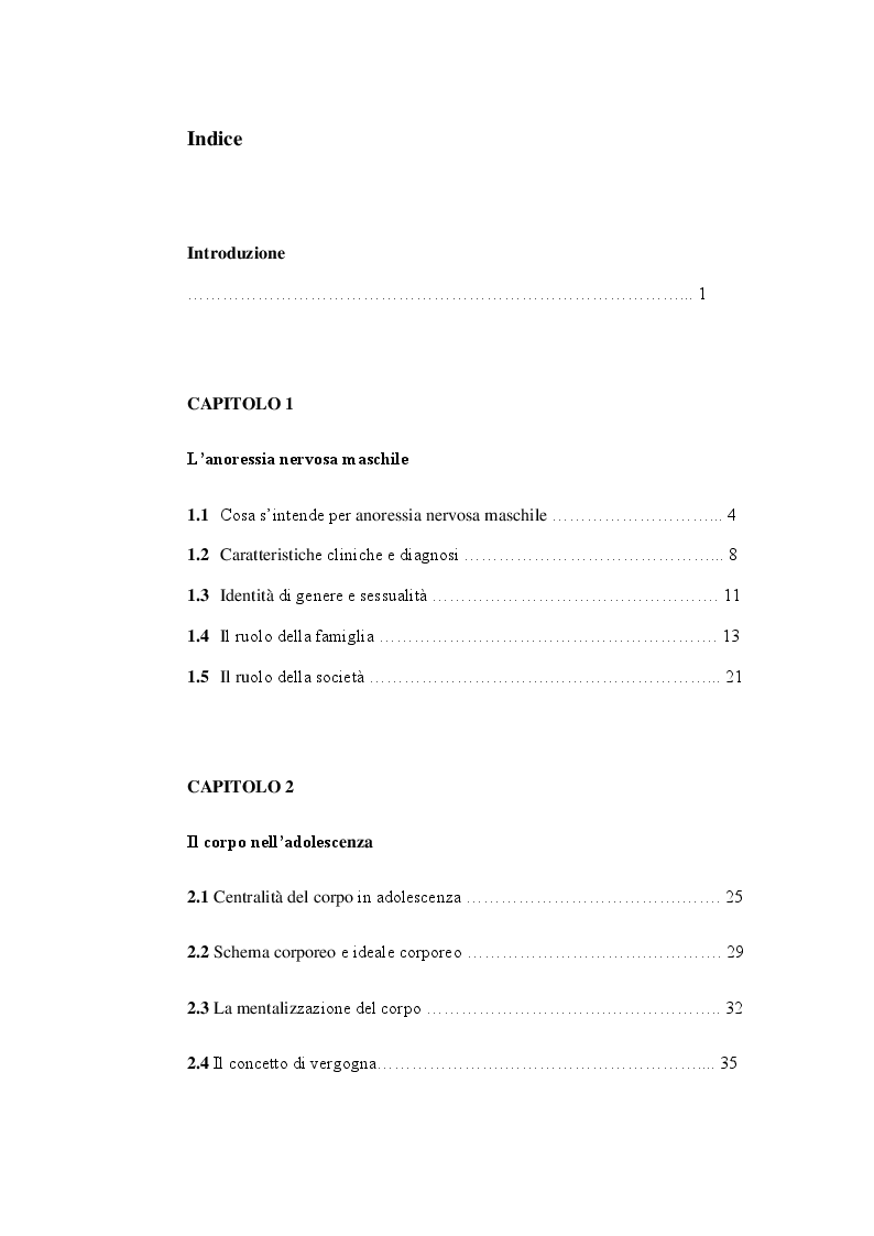 Indice della tesi: L'insostenibile pesantezza di essere. L'apparire dell'anoressia maschile, Pagina 1