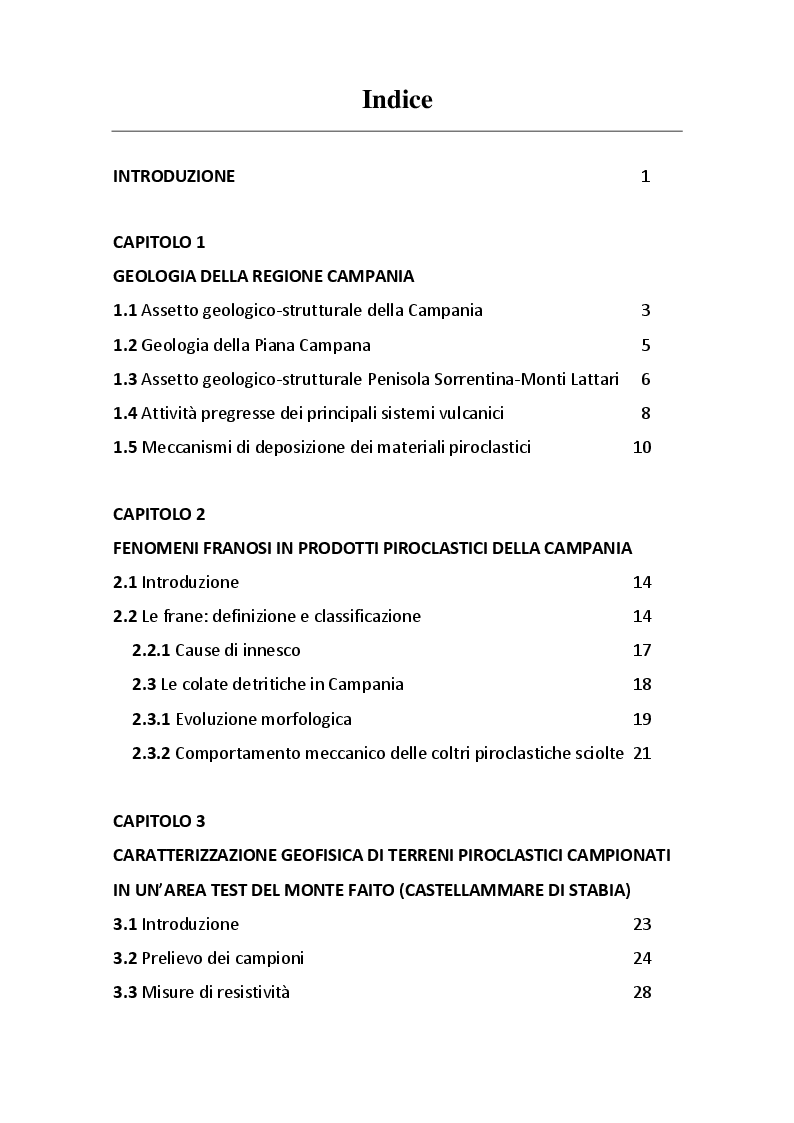 Indice della tesi: Definizione di curve caratteristiche resistività-contenuto d'acqua di terreni piroclastici dei versanti del Mt. Faito (C/mmare di Stabia, Napoli), Pagina 1