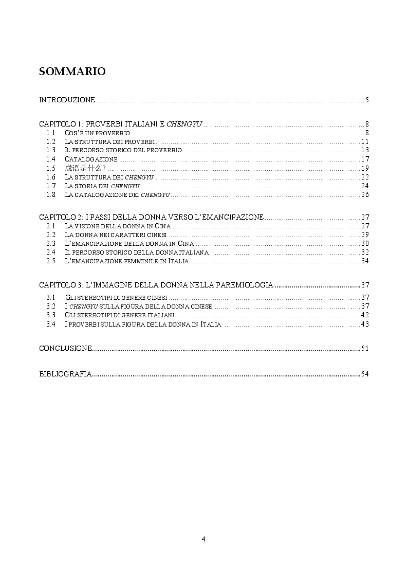 Indice della tesi: L'immagine della donna: un confronto tra proverbi italiani e chengyu cinesi, Pagina 1